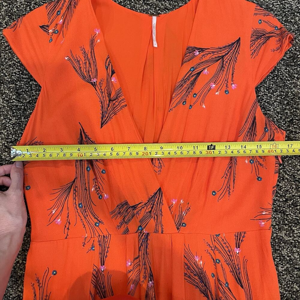 Free People Sz 10 Retro Coral Orange Floral Print Rayon Midi Dress Side Pockets - Picture 10 of 12